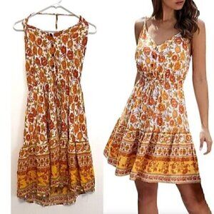 SHEIN White Orange Mustard Floral Border Print Boho Halter Dress ALTERED STRAPS